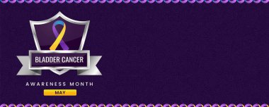Mor, sarı ve mavi kurdele farkındalık grafiği Uluslararası Mesane Kanseri Farkındalığı Ayı afişi.
