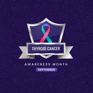 Uluslararası Tiroid Kanser Farkındalığı Ayı 'nın sembolü olan pembe ve deniz mavisi bir kurdele çiçek arkaplanlı gümüş bir kalkanda sergileniyor..