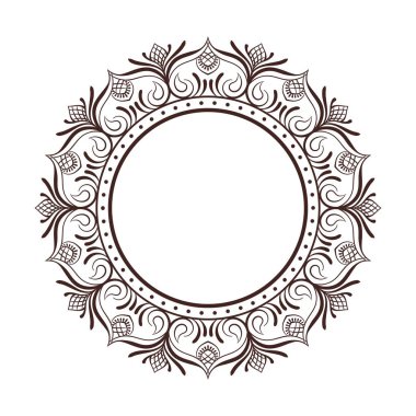 Karmaşık çizgili, çiçek desenli dairesel çerçeve, beyaz bir arka planda izole edilmiş..