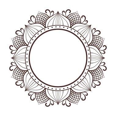 Karmaşık çizgili, çiçek desenli dairesel çerçeve, şebeke ayrıntıları ve girdaplar, beyaz arka planda izole edilmiş..
