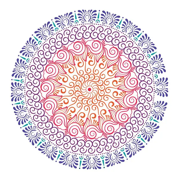 Canlı renkler ve detaylı çiçek ve geometrik desenler içeren karmaşık, dairesel bir mandala tasarımı.
