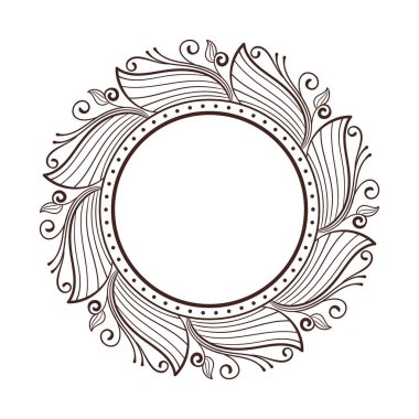 Zarif, elle çizilmiş bir çiçek dairesi tasarımı. Bu vektör illüstrasyonu stilize edilmiş yapraklar ve girdaplardan oluşan karmaşık bir desen içerir..