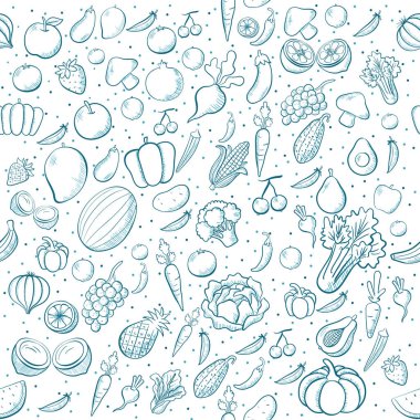 Sebze ve meyvelerin kusursuz deseni, Şirin ve Basit, Mavi Renkli Tasarım ve Sebzeler.