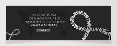 Beautiful Common Variable Immunodeficiency cancer awareness campaign banner with Zebra Colored ribbon symbols on gradient pastel light Grey background and space for text.