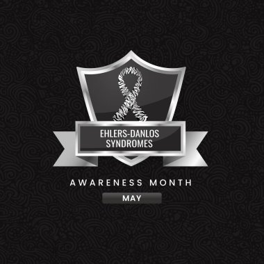 Zebra Colored ribbon, the symbol of Ehlers Danlos Syndromes Awareness Month, displayed on a silver shield with a floral background.