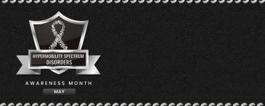 Hypermobility Spectrum Disorder Awareness Month banner, with Zebra Colored ribbon, shield and space for text. Design for Banner or Header.
