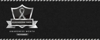 Nöroendokrin Tümör Farkındalık Ayı afişi, Zebra Renkli Siyah ve Beyaz kurdele, yazı için kalkan ve boşluk. Bayrak ya da Başlık için Tasarım.