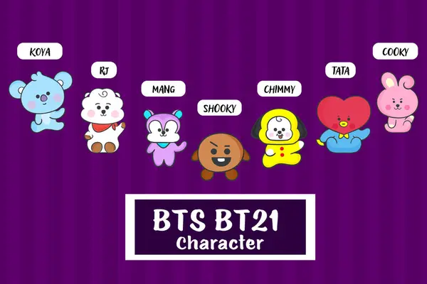 Şirin BT21 Karakter Seti, Koya, RJ, Mang, Shooky, Chimmy, Tata, Cooky. Şirin TS BT21 Teneke Karakteri.
