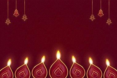 Parlayan diyas, altın çanlar ve koyu kırmızı bir zemin üzerinde kutsal motifleri olan ruhani bir arka plan. Diwali, Navratri ve dini törenler için mükemmel..