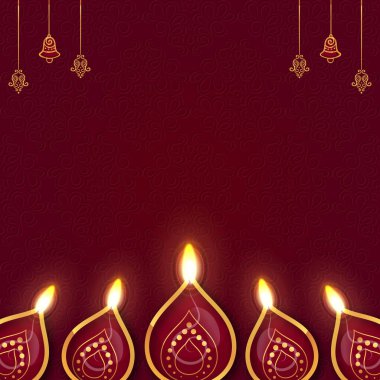 Diyas, altın çanlar ve koyu kırmızı bir zemin üzerinde karmaşık desenler içeren ruhani bir arka plan. Festivaller, dini etkinlikler ve dini tasarımlar için mükemmel..