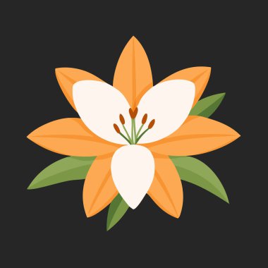 Siyah Arkaplanda Yeşil Yapraklar ve Beyaz Yapraklı Kalın ve Canlı Turuncu Çiçek İllüstrasyonu, Botanik ve Sanatsal Yaratımlar İçin Mükemmel.