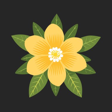 Beyaz merkezli, yeşil yapraklı, doğa, bahçe ya da bahar temalı tasarımlar için ideal sarı çiçeğin canlı düz çizimi.