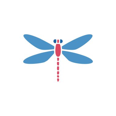 Mavi kanatlı ve kırmızı vücutlu minimalist düz yusufçuk vektör ikonu, doğa, böcek, logo, çocuk kitabı ve dekoratif tasarım projeleri için ideal..