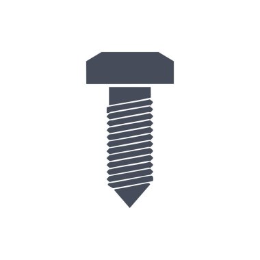 Beyaz arkaplanda siyah vektör vida simgesi, mekanik, inşaat veya araç tasarımı kullanımı için başlıklı bağlayıcının basit düz donanım illüstrasyonu.