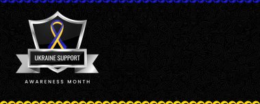 Mavi ve sarı kurdeleli Ukrayna Destek Ay Bayrağı, metin için kalkan ve alan. Bayrak ya da Başlık için Tasarım.