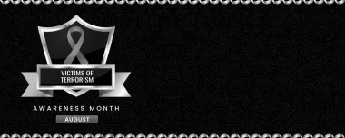 Terörizm Farkındalık Ayı afişi, gri kurdeleli, kalkanlı ve metin için yeri olan kurbanlar. Bayrak ya da Başlık için Tasarım.