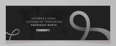Terör mağdurları açık gri ve beyaz arkaplan üzerine gri kurdele sembollü kampanya pankartı.