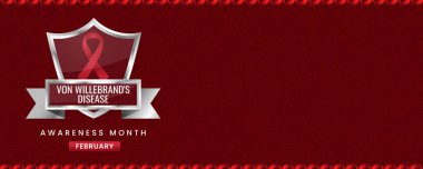 Von Willebrand 'ın Hastalık Bilinci Ayı afişi, kırmızı kurdele, kalkan ve yazı için yer. Bayrak ya da Başlık için Tasarım.