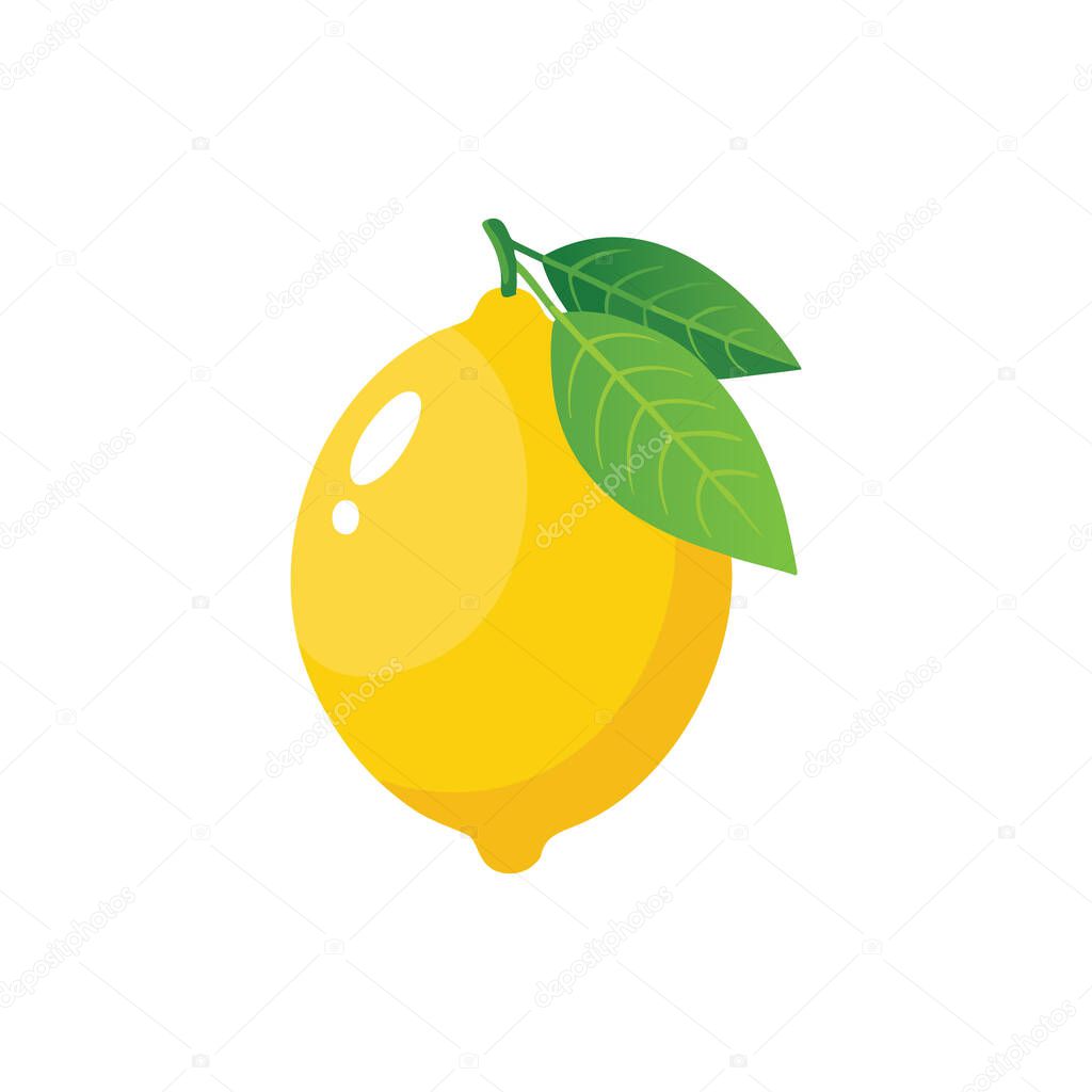 Vector illustration of Yellow Lemon with Single Green Leaf, Simple Citrus Fruit icon.