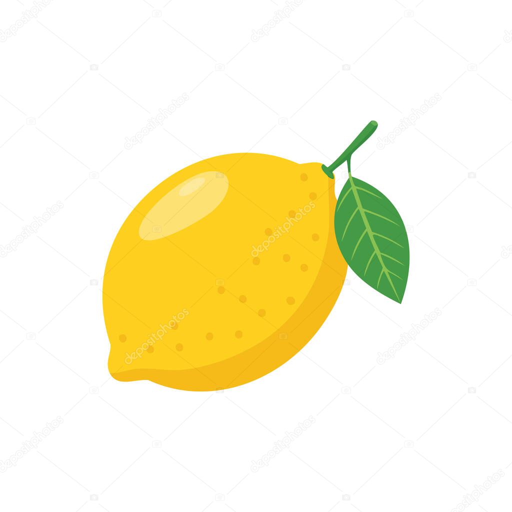 Vibrant Yellow Lemon with Single Green Leaf, Simple Citrus Fruit Illustration.