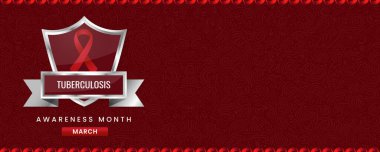 Tuberculosis Awareness Month banner, with Red ribbon, shield and space for text. Design for Banner or Header.