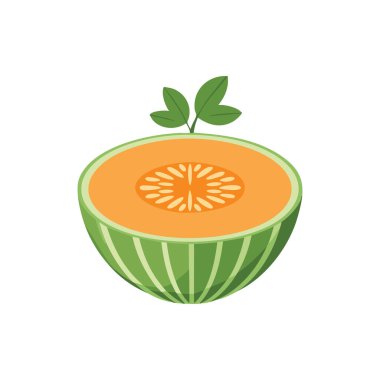 Taze Kavun Yarı İkon, Tohumlu Tatlı Portakal Meyvesi ve Yeşil Yapraklar.