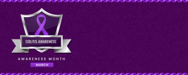 Colitis Farkındalık Ayı afişi, Mor kurdele, kalkan ve metin için yer. Bayrak ya da Başlık için Tasarım.