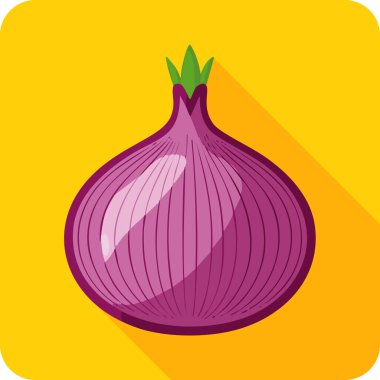 Sarı arka planda yeşil saplı kırmızı soğanın vektör çizimi. Yemek, sebze, tarım, yemek ve sağlıklı yeme kavramları için mükemmel..