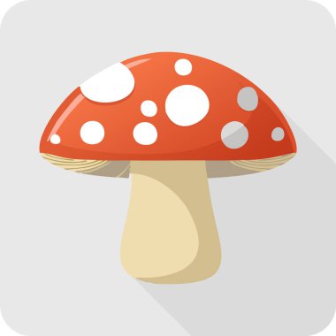 Kırmızı ve Beyaz Benekli Mantar Simgesi Uzun Gölge, Fantezi Düz Tasarımı.