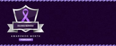 Bulimia Nervosa Farkındalık Ayı afişi, metin için Mor kurdele, kalkan ve boşluk.
