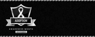 Evlat Edinme Farkındalığı Ay afişi, beyaz kurdeleli, kalkan tasarımı.