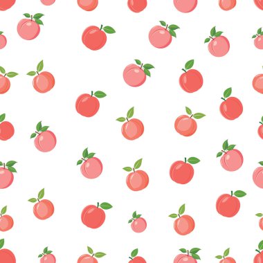 Beyaz Arkaplanda Yeşil Yapraklı Pembe Şeftalilerin Kusursuz Vektör Deseni.