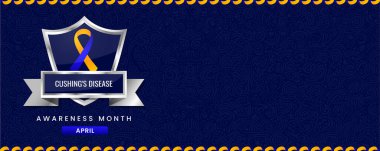 Canlı Cushing Hastalıkları Aylık Farkındalık Sancağı Mavi ve Sarı Kurdeleli, Nisan Sağlık Kampanyaları İçin Girdap Şablonu Arkaplanı.