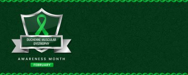 Canlı Duchenne Kas Disrofisi Aylık Farkındalık Sancağı Yeşil Kurdele Kalkanı, Şubat Sağlık Kampanyaları için Girdap Şablonu.
