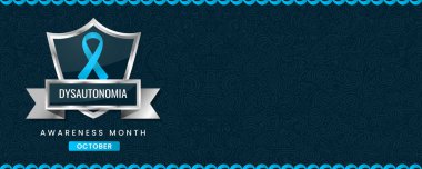 Çarpıcı Dissautonomi Aylık Farkındalık Sancağı Zarif Kalkanda Mavi Kurdele, Süslü Girdap Arkaplan, Ekim Sağlık Kampanyaları İçin Mükemmel.