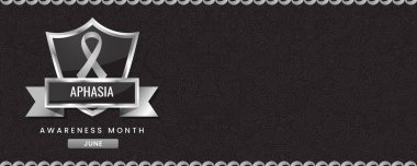 Afazi Aylık Farkındalık Pankartı, gri kurdele, kalkan ve metin için boşluk.