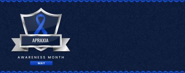 Apraxia Farkındalık Ayı pankartı, metin için Kraliyet mavi kurdelesi, kalkan ve boşluk.