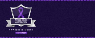 Arnold-Chiari Malformasyon Farkındalık Ayı afişi, mor kurdele, kalkan ve metin için boşluk.