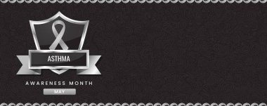 Astım Bilinci Ay afişi, gri kurdele, kalkan ve metin için boşluk.