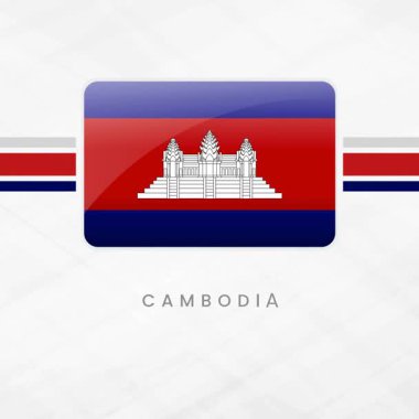 Cesur Mavi ve Kırmızı Çizgili Düğme Çerçevesinde Canlı Kamboçya Bayrağı Dalgalanması ve Ulusal Onur ve Miras İkonik Angkor Wat Sembolü