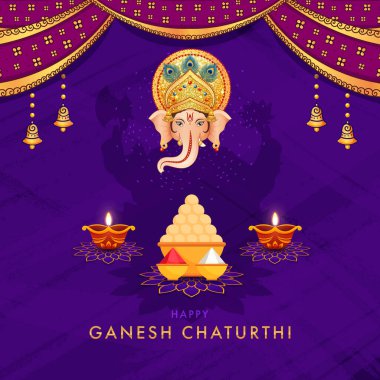 Hindistan 'daki Ganesh Chaturthi festivalinin bayrağı. Geleneksel bir adak (puja) sahnesi sunar Ganpati, yanan gaz lambaları ve ibadet için şekerler.