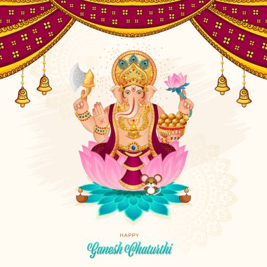 Ganesh Chaturthi 'yi kutlayan vektör illüstrasyonu. Çok güzel dekore edilmiş Lord Ganesha 'yı faresi, baltası ve bir kase Hint şekeri (modak).