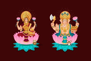 Geleneksel tasviri Lakshmi, zenginlik tanrıçası ve başlangıçların tanrısı Ganesha. İbadet, davetiyeler ve şenlikli selamlar için. Lotus, baykuş ve fareyi içerir.