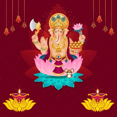 Lord Ganesha 'nın bir nilüfer çiçeğinin üzerinde aracıyla (fare) otururken detaylı bir çizimi. Geleneksel şeker ve lamba sunumlarını da içeriyor. Puja davetiyeleri ve şenlikli dekorasyon için ideal..