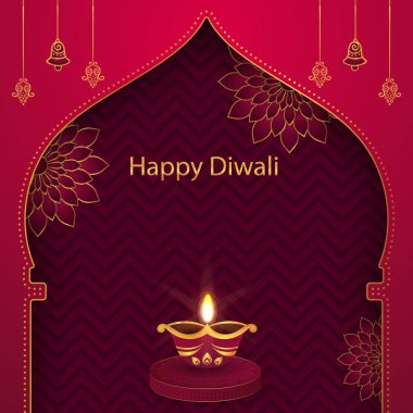 Diwali selamı için bir şablon. Yağ lambası (diya), zengin kırmızı sembollü arka plan üzerinde altın bir Hint kemeri tarafından çerçevelenir..
