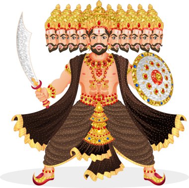 Kudretli Ravana, Ramayana destanından Lanka kralı, elinde kılıcı ve kalkanı var. Ayrıntılı vektör sanatı iyinin kötüye karşı zaferini temsil ediyor..