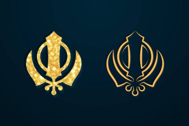 Khanda 'nın iki zarif versiyonu, Sikhism' in birincil sembolü. Koyu mavi arka planda dokulu altın parıltılı dolgu ve temiz bir taslak sürümü içerir.