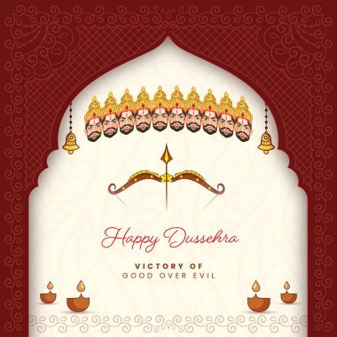 Dussehra festivali için geleneksel bir vektör tasarımı. Mitolojik iblis Kral Ravana ve kötülüğe karşı iyinin zaferini kutlayan bir yay..