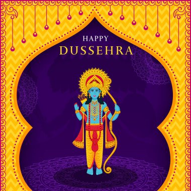 Hindu Dussehra festivali için canlı ve dekoratif bir vektör kartı. Geleneksel bir kemer çerçevesinde ok ve yayıyla Rama-sama 'nın renkli bir tasviri..