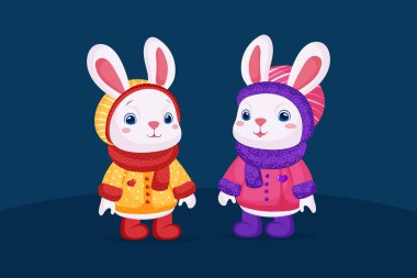 A charming vector illustration featuring a pair of cute bunny characters dressed in warm winter clothing (coats and scarves). Perfect for celebrating Christmas, New Year's, Easter, winter holidays.